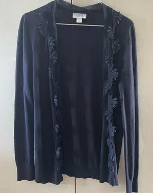 LOFT Dark Blue Open Front‎ Cardigan with Floral Like Accents thumbnail 1