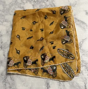 Horse Carriage Yellow Rolled Edges Hand Stitched 17" Square Scarf, 1950s, MCM thumbnail 1