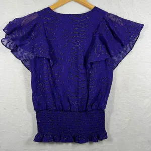 Ramy‎ Brook Purple Silk Metallic Flutter Sleeve Smocked Waist Blouse XS thumbnail 8