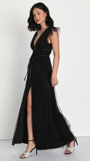NEW Lulus Women Im All Yours Dress XS Black Tulle‎ Flutter Plunging Maxi Gown thumbnail 1