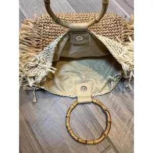 Boho Straw Crossbody Bag Bamboo‎ Handle Fringe Tote Beach Purse Two Tone Chic thumbnail 5
