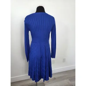 Eliza J Cobalt Blue Cable Knit Midi Dress Chevron Long Sleeve Modest Teacher M thumbnail 4