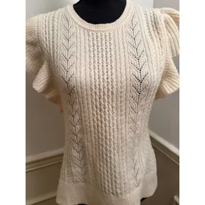 Banana Republic Junie Wool Cable Knit Sweater Cream Ruffle Flutter Cap Sleeve thumbnail 3
