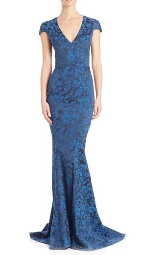Zac Posen blue and black floral jacquard cap sleeve gown thumbnail 1