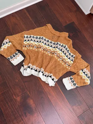 Angie NWT Collared Fair Isle Cropped Knit Sweater Mustard Brown Boho Medium thumbnail 8