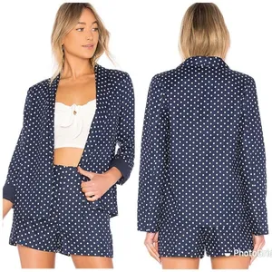 L’ACADEMIE Polka‎ Dot Linen Blazer Medium Navy Blue White Boyfriend Open Front thumbnail 4