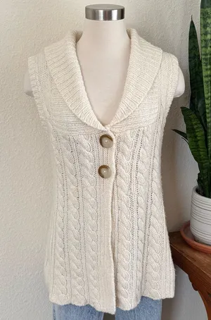 Vintage Cable‎ Knit Sweater Vest Shawl Collar Wool Blend Large thumbnail 1