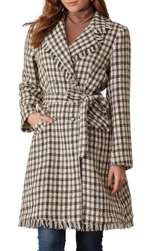 NWT Grace Karin Tweed Pea Coat Plaid Women Size XL Raw Edges Belted Cream Brown‎ thumbnail 1