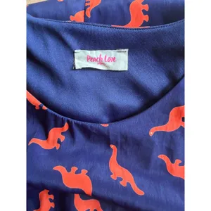 Peach Love California Dinosaur Print Dress Small Navy Orange Puff Sleeve Mini thumbnail 11