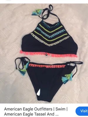aerie Navy High-Neck Bikini Top with Coral Fringe | Size Medium (New $34.95) thumbnail 16