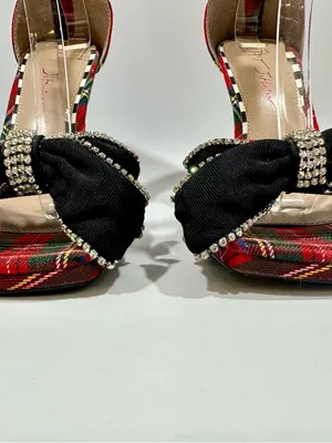 Betsey Johnson Guliana Red Plaid Black Bow Animal Print Heels Sz 8 Crystals Glam thumbnail 7