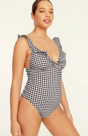 J.Crew Ruffle V Neck One Piece Gingham Swimsuit Padded Navy Retro US 24 NWT thumbnail 1