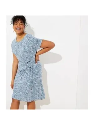 Loft EUC Women's Blue Floral Jersey Knit Faux Wrap Dress Short Sleeve S thumbnail 2