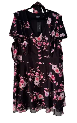 City Chic Womens Floral V-Neck Flutter Sleeve Mini Dress Black Pink XXL 24 NWT‎ thumbnail 1