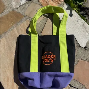 Trader Joe’s Black Canvas Tote with Lime Handles and Purple Base HALLOWEEN thumbnail 2