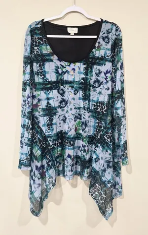Y2K ECI NY Sheer Printed Tunic Blouse Bohemian Watercolor-style Size XL 2312 thumbnail 1