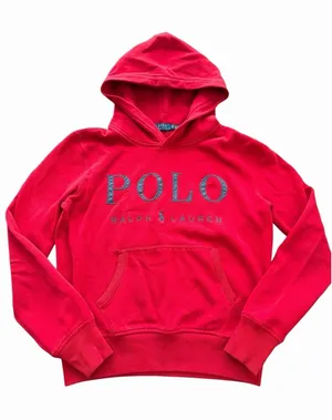 Polo Ralph Lauren Hoodie Womens XS Red Big Spell Out‎ Fleece Sweatshirt #K7-1 thumbnail 1