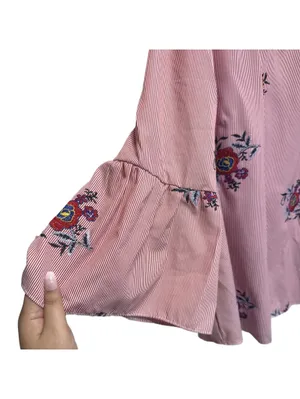 Nine West Red and White Striped Floral Embroidered Bell Sleeve Blouse Size XL thumbnail 5
