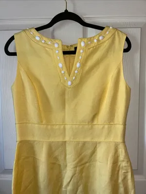 Alex Marie Linen Blend Soft Yellow‎ Lined Sleeveless Shift Midi Dress Beaded 8 thumbnail 2