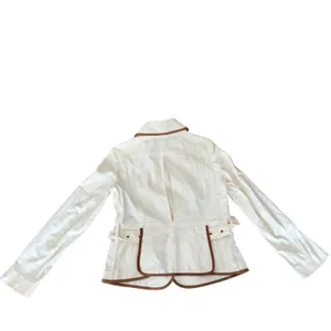 Burberry Faversham Ivory Brown Trim Cotton Blend Belted Jacket UL thumbnail 2