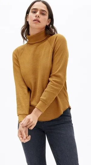 Everlane‎ Organic Cotton Waffle Knit Turtleneck Mustard Yellow Raglan Top Medium thumbnail 1