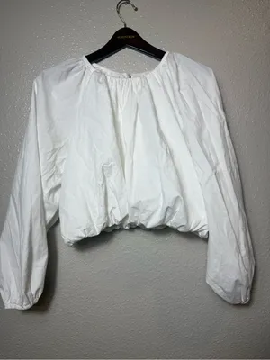 Maeve by Anthropologie White Cotton Bubble Hem Cropped Peasant Blouse Size Small thumbnail 2