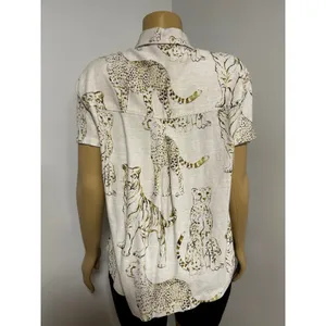 Vintage Big Cat Print Short Sleeve Button Down Shirt Ivory Gold Tiger Cheetah thumbnail 4