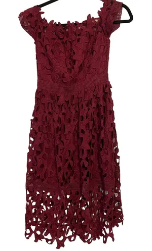 Chi‎ Chi London Midi Dress Crochet Lace Burgundy Off The Shoulder US 4 Romantic thumbnail 1