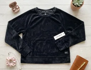 DKNY Sport Womens‎ Black Velour Crewneck Sweatshirt Raglan Sleeve XS New thumbnail 1