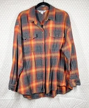 Old Navy Orange Brown Plaid Boyfriend Flannel Top thumbnail 1