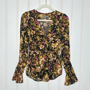 Anthropologie Floral Peplum Blouse V-Neck Button Front Flared Cuff Top Black thumbnail 2