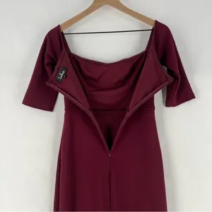 Lulus Burgundy Stretch Crepe‎ Off The Shoulder 3/4 Sleeve Faux Wrap Midi Dress thumbnail 11