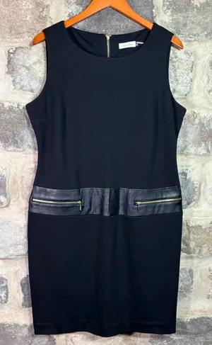 Calvin Klein‎ Black Sleeveless Faux Leather Trim Sheath Dress Woman's 14 Career thumbnail 1