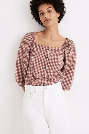 Madewell Gingham Seersucker Puff-Sleeve Button-Front Top Size 4 thumbnail 6
