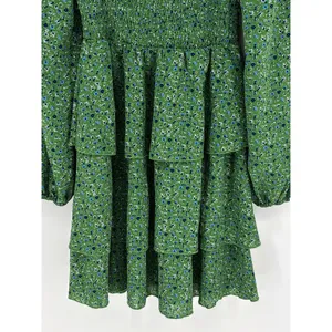BTFBM Floral Tiered Mini Dress Size Small Green Smocked Long Sleeve Boho Prairie thumbnail 5
