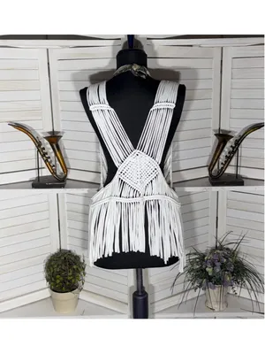 Solitaire white fringes crochet vest top macrame boho fairy festival coastal S thumbnail 2