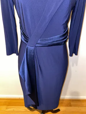 American Living Gabrielle Navy Blue Longsleeve Ruffle Satin Sheath Dress Size 6 thumbnail 4