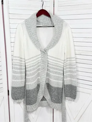 St. John's Bay Stripe Colorblock Shawl Collar Belted Cardigan Sweater Grey White thumbnail 7