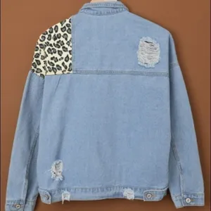 Leopard Patchwork Distressed Denim Jacket Relaxed Fit NIP Blue Size M thumbnail 6