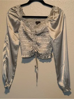 Japna Satin Smocked Ruched Long Sleeve Crop Top XS Pale Sage Gray thumbnail 2