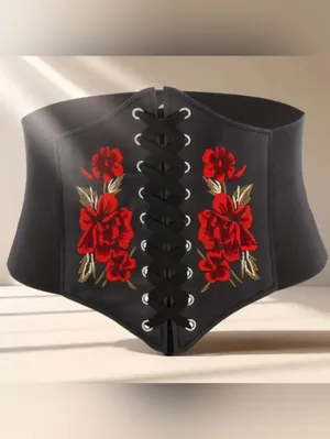Black Floral‎ Embroidered Waist Elastic Corset Belt One Size thumbnail 7