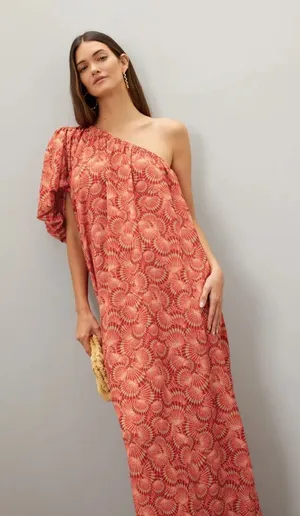 Lobo Rosa Valeria One Shoulder‎ Puff Sleeve Shell Print Maxi Dress Medium thumbnail 1