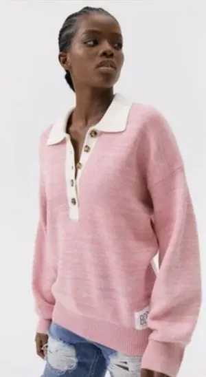 BDG Urban Outfitters Women's MEDIUM Renna Pink Long Sleeve Rugby Sweater Prep thumbnail 1