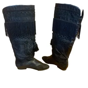 Vintage 1980'S Black Leather Fringe & Ricrac Knee High Boots (36.5) thumbnail 6