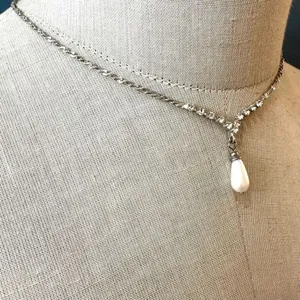 Vintage faux pearl rhinestone V tear drop dangle necklace silver tone thumbnail 3