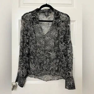 ECI New York Silk Black and White Sheer Floral Blouse Size L Vintage thumbnail 10