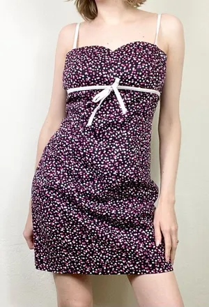 Vintage y2k Aqua Blues Pink & Black Polka Dot Sleeveless Bow Accent Mini Dress L thumbnail 1