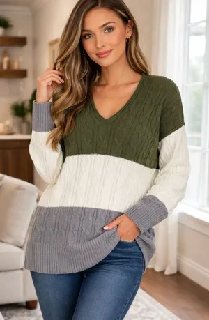 V-Neck Cable Knit Colorblock Sweater in Olive, Cream & Gray thumbnail 1