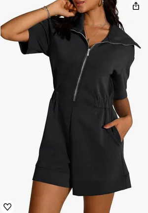 Short Sleeve Rompers Loose Half Zip One Piece Short Overalls Jumpsuit with Pockets Fall Outfits thumbnail 6