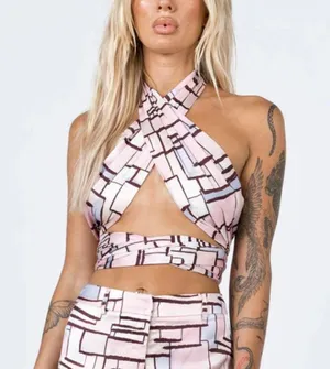 Pink patterned wrap top thumbnail 1